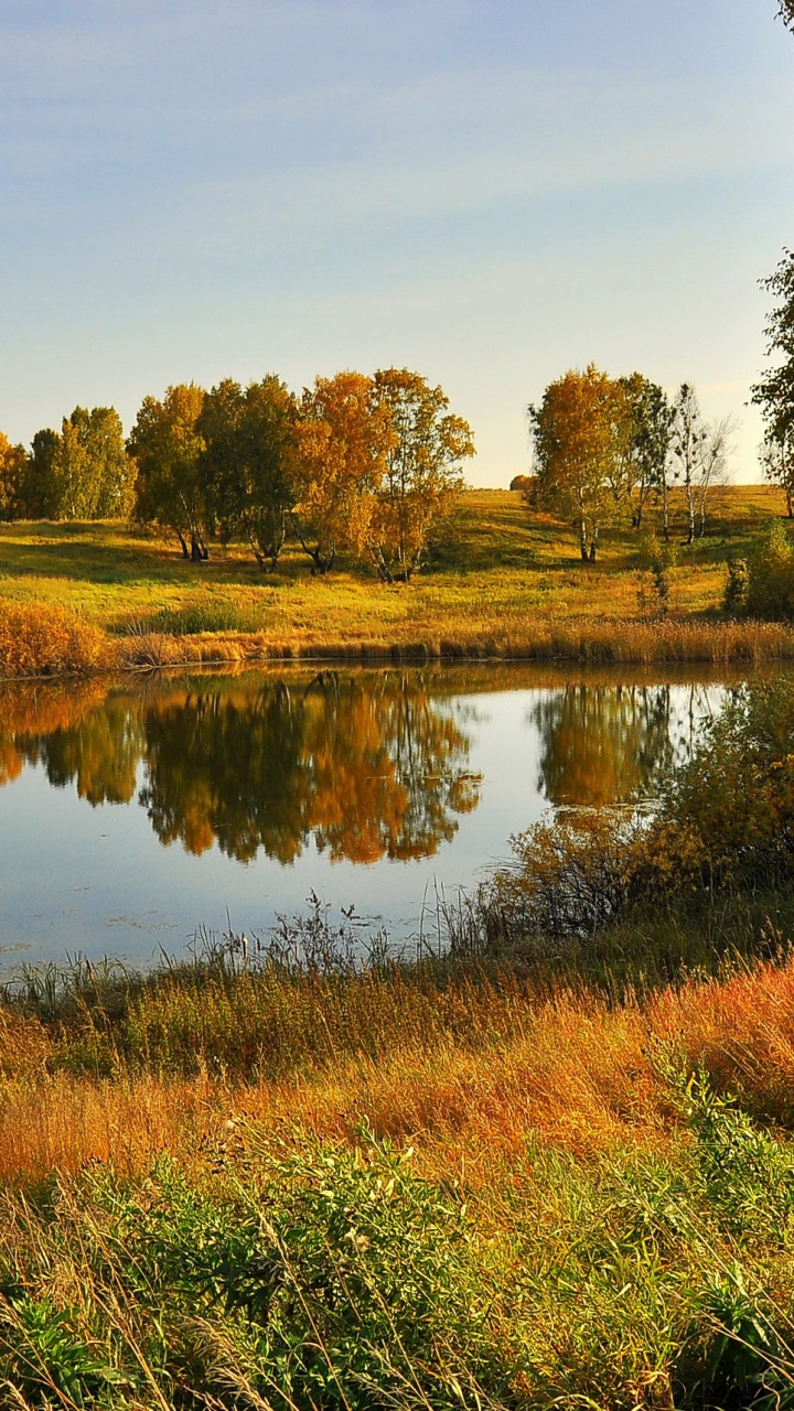 Brown Grass Near Lake Under Blue Sky During Daytime. Wallpaper in 720x1280 Resolution