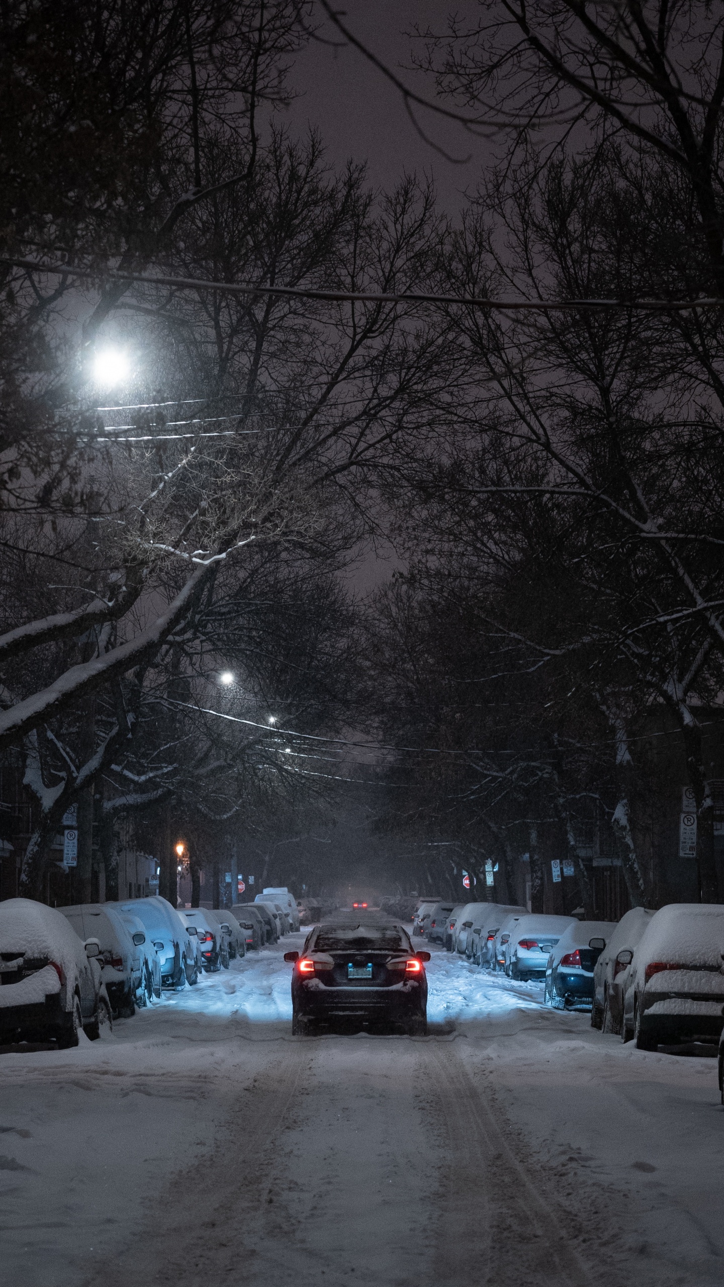Autos Parken Nachts Auf Schneebedeckter Straße. Wallpaper in 1440x2560 Resolution