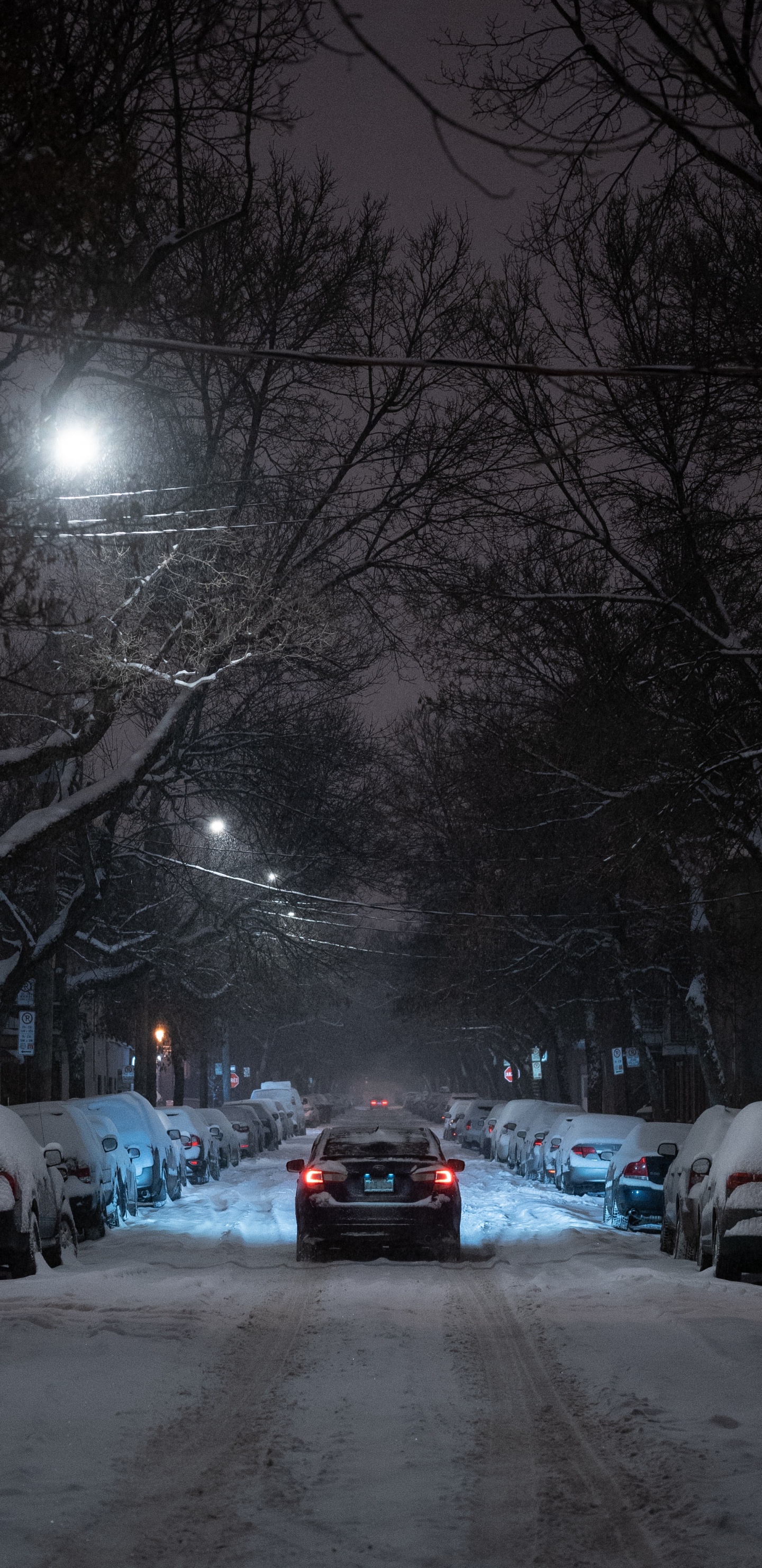 Autos Parken Nachts Auf Schneebedeckter Straße. Wallpaper in 1440x2960 Resolution