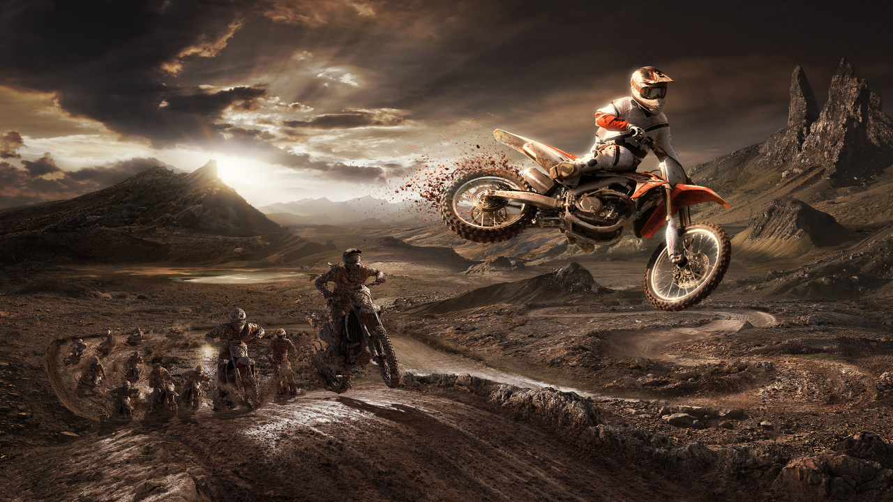 Man Riding Motocross Dirt Bike Sur le Sable Brun. Wallpaper in 1280x720 Resolution