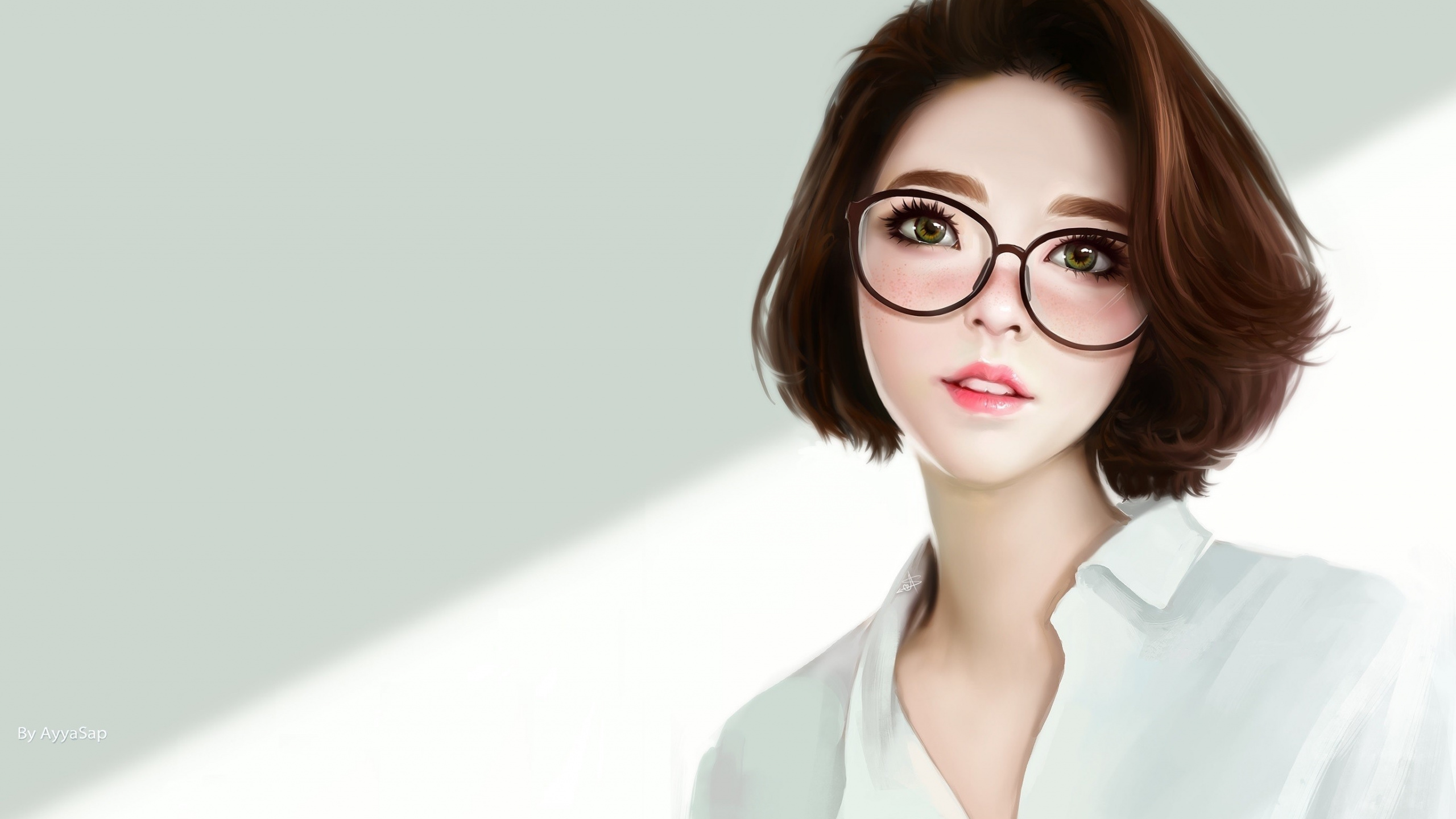 Woman in White Collared Shirt Wearing Black Framed Eyeglasses. Wallpaper in 2560x1440 Resolution