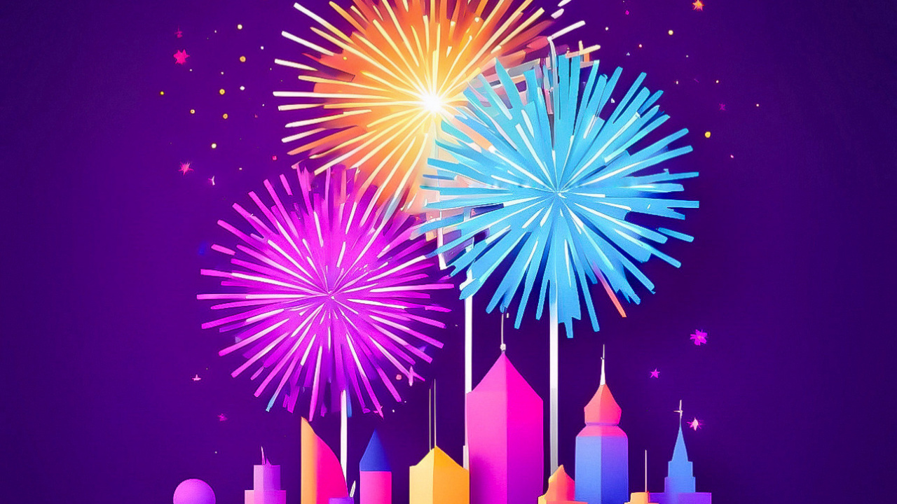 烟花, 新年前夕, 紫色的, 粉红色, 卡通 壁纸 1280x720 允许