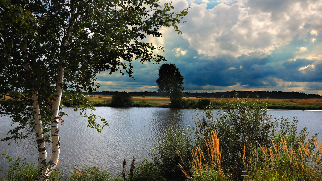 Green Grass Field Near Lake Under Cloudy Sky During Daytime. Wallpaper in 1366x768 Resolution