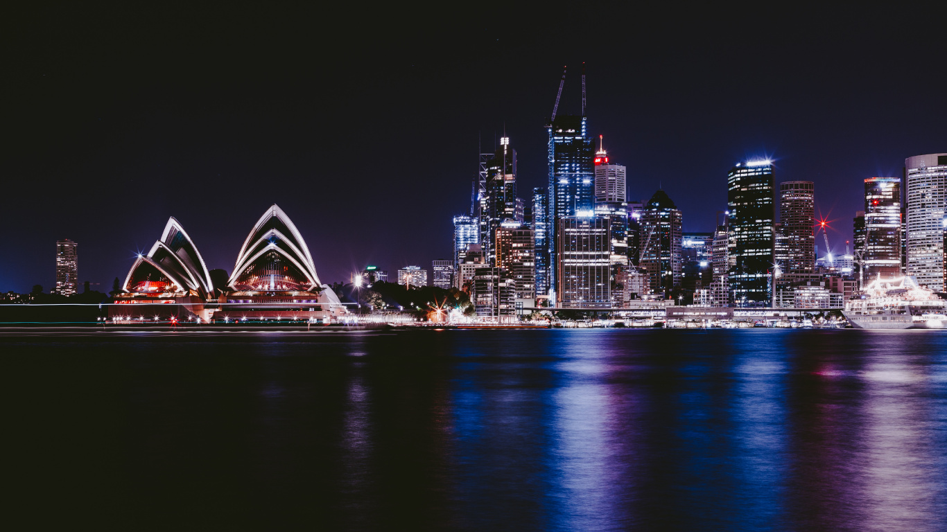 Opéra de Sydney en Australie Pendant la Nuit. Wallpaper in 1366x768 Resolution
