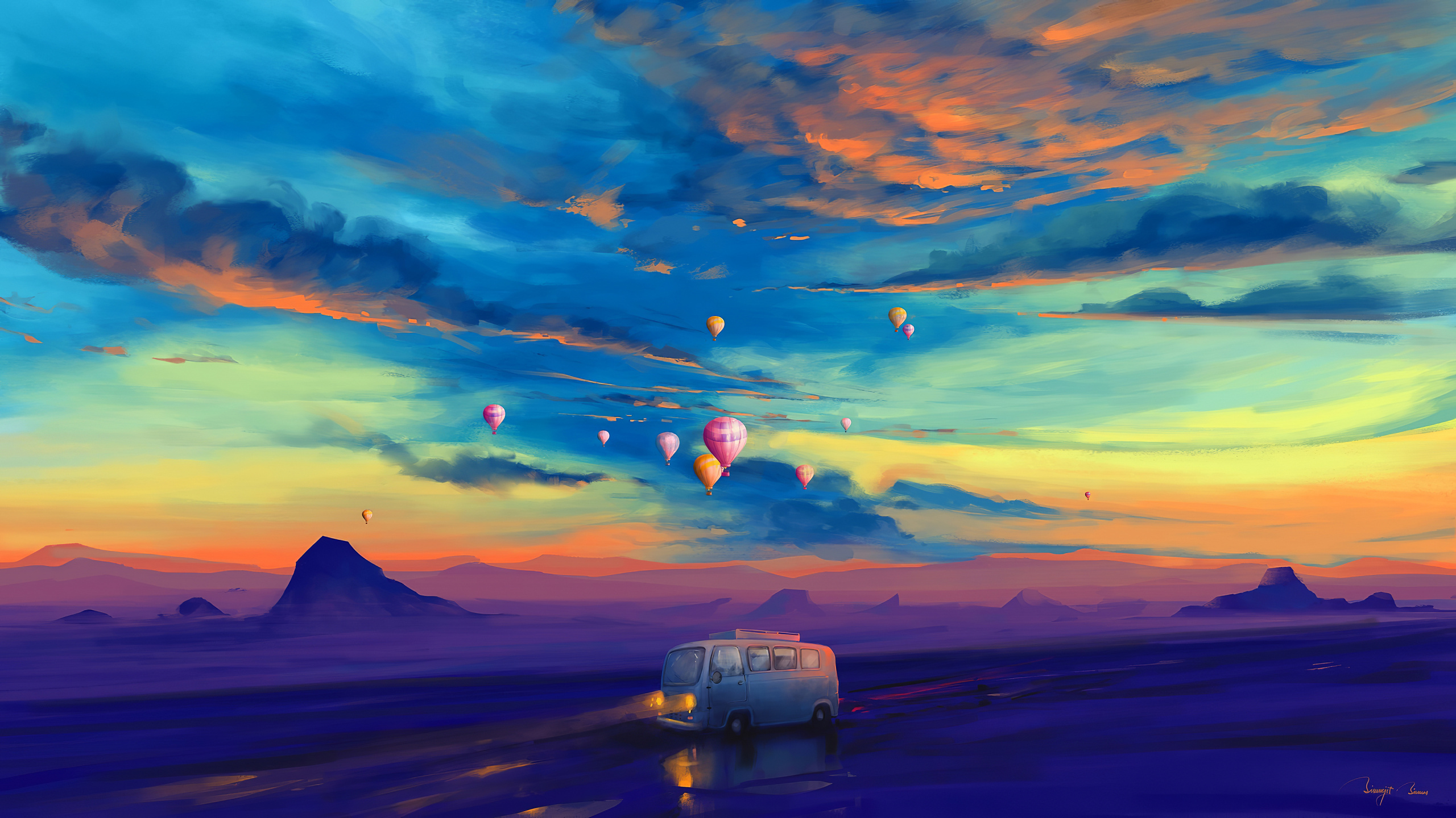Man in Pink Shirt Standing on Top of White Van During Sunset. Wallpaper in 2560x1440 Resolution