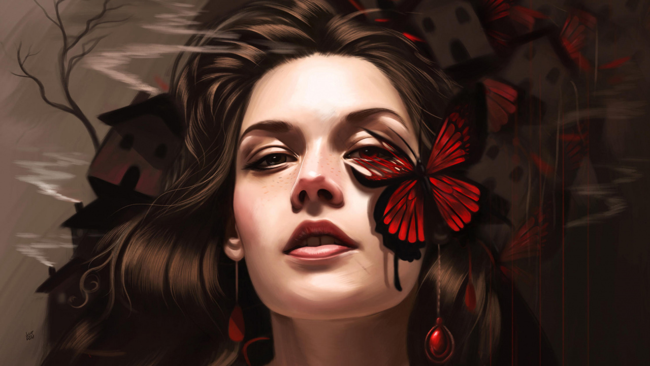 Femme Avec un Papillon Rouge et Noir Sur Son Visage. Wallpaper in 1280x720 Resolution