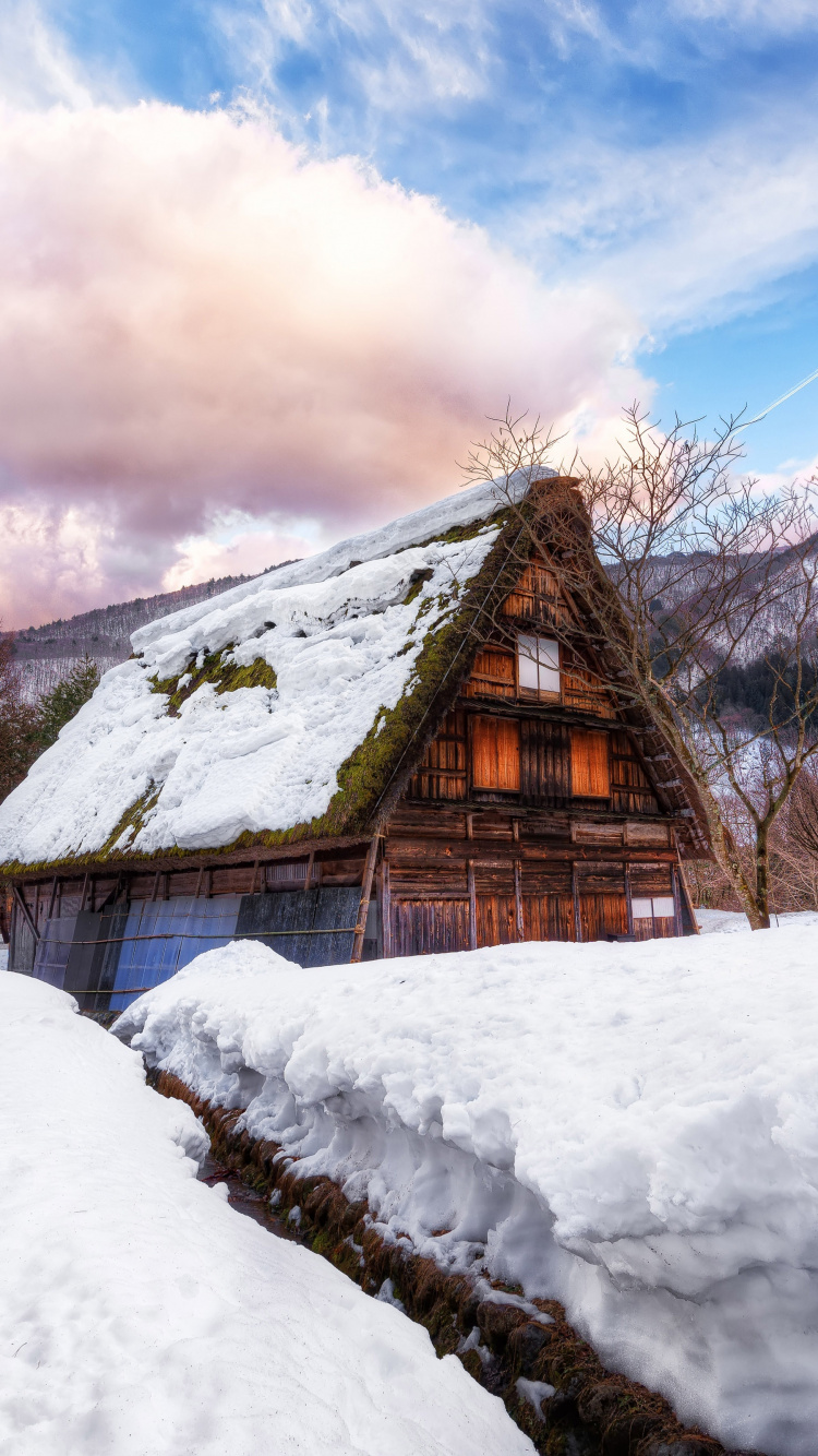 Casa de Madera Marrón Sobre Suelo Cubierto de Nieve Bajo Las Nubes Blancas y el Cielo Azul Durante el Día. Wallpaper in 750x1334 Resolution