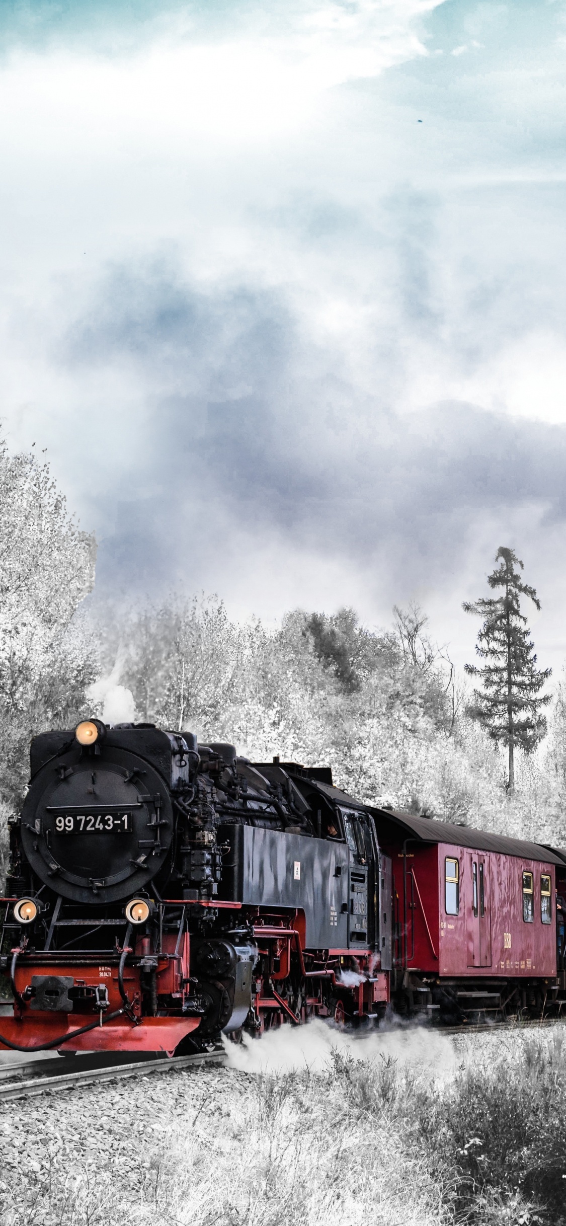 Red and Black Train on Rail Tracks Under Cloudy Sky. Wallpaper in 1125x2436 Resolution