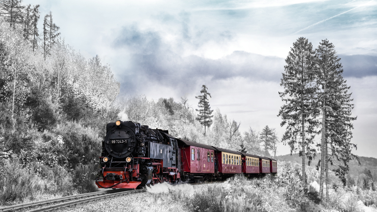 Red and Black Train on Rail Tracks Under Cloudy Sky. Wallpaper in 1280x720 Resolution