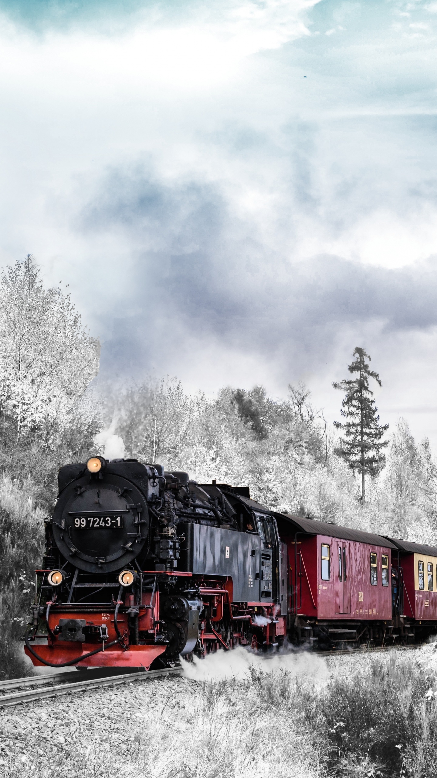 Red and Black Train on Rail Tracks Under Cloudy Sky. Wallpaper in 1440x2560 Resolution