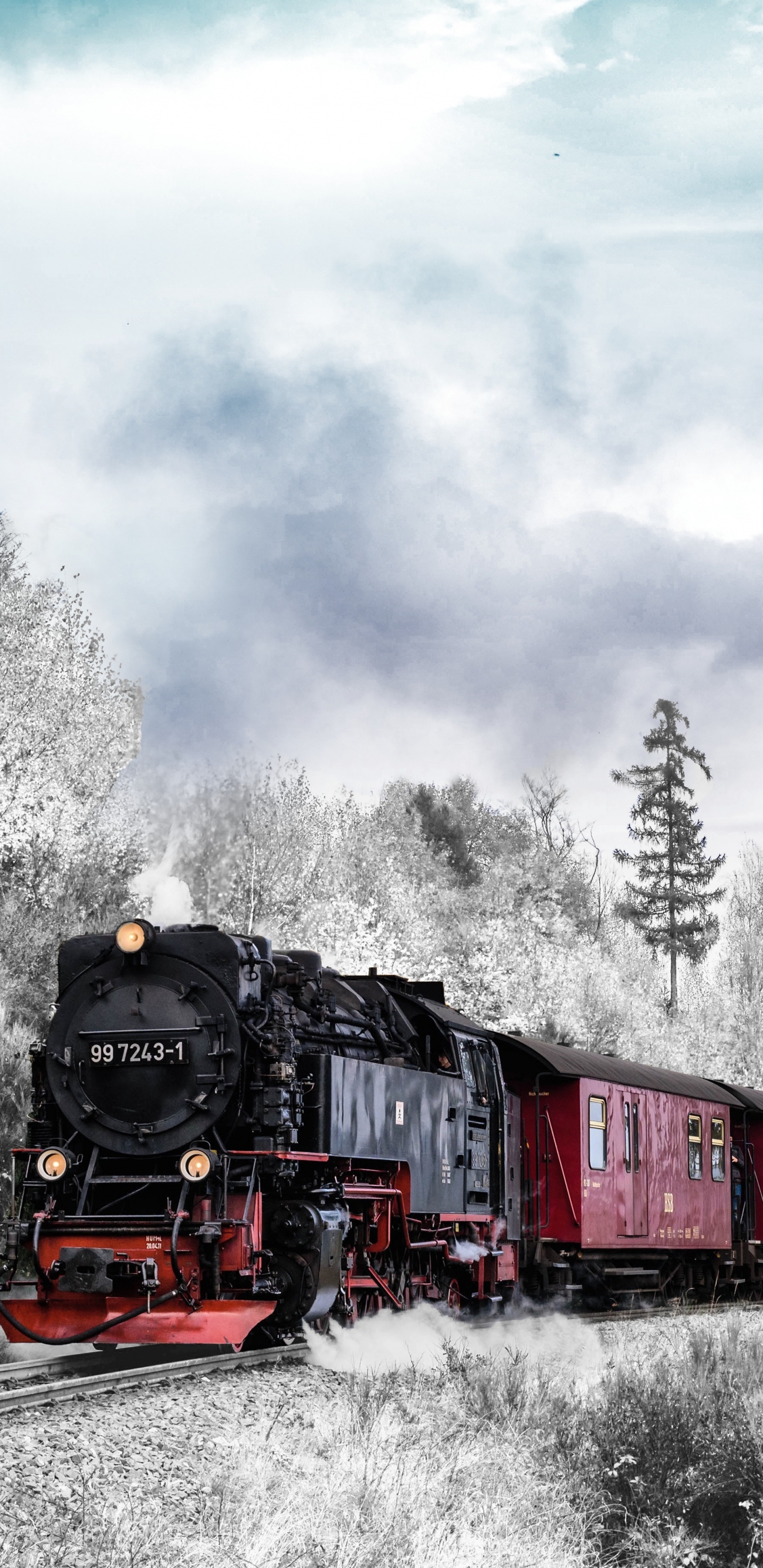 Red and Black Train on Rail Tracks Under Cloudy Sky. Wallpaper in 1440x2960 Resolution