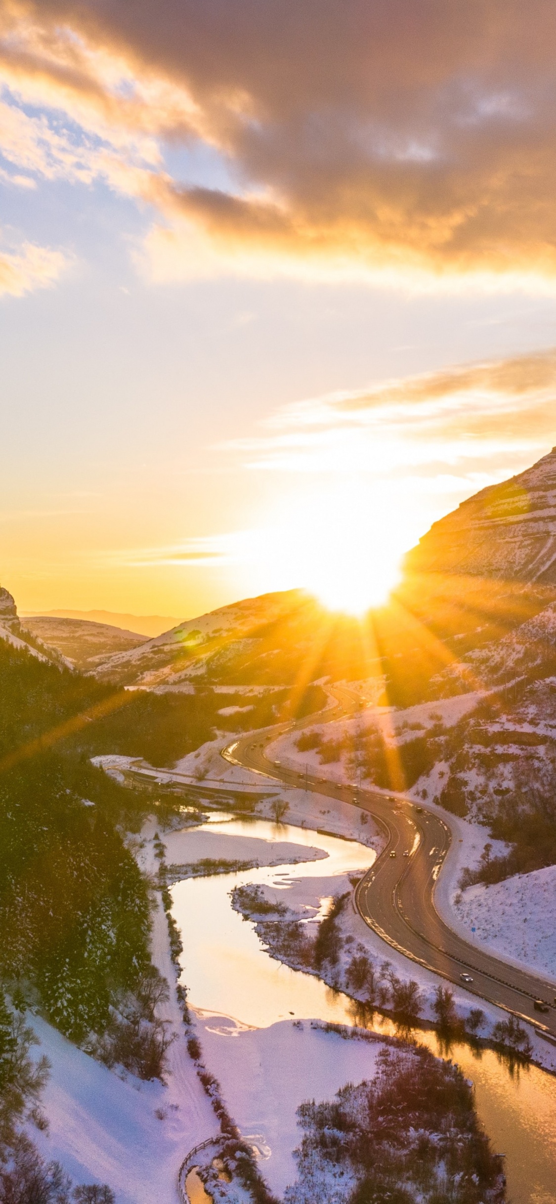 Mountains Sun and River, Mountain, Mountain River, Cloud, Natural Landscape. Wallpaper in 1125x2436 Resolution