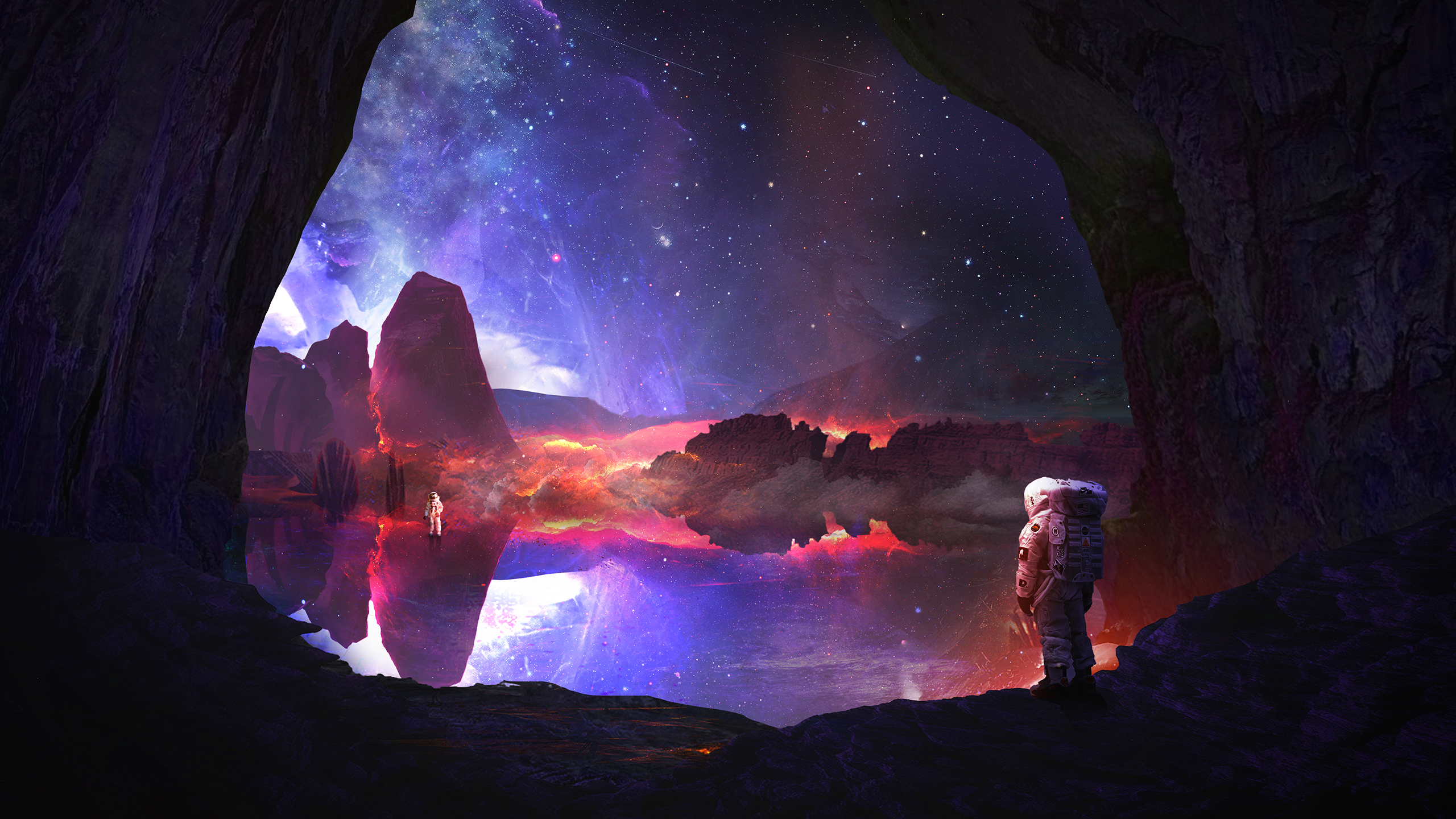 L'homme en Veste Noire Debout Sur Rock Formation Pendant la Nuit. Wallpaper in 2560x1440 Resolution