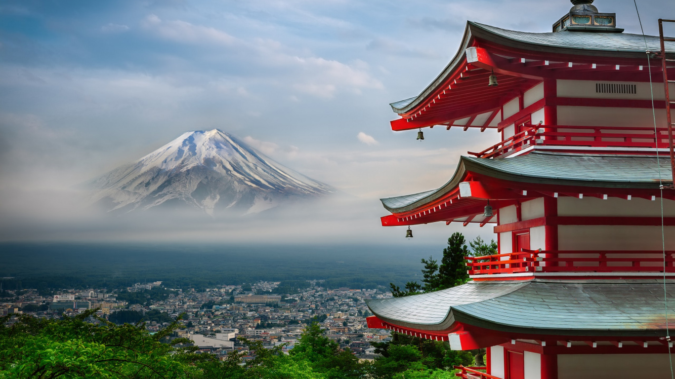 Red and White Temple Near Body of Water Under White Clouds During Daytime. Wallpaper in 1366x768 Resolution
