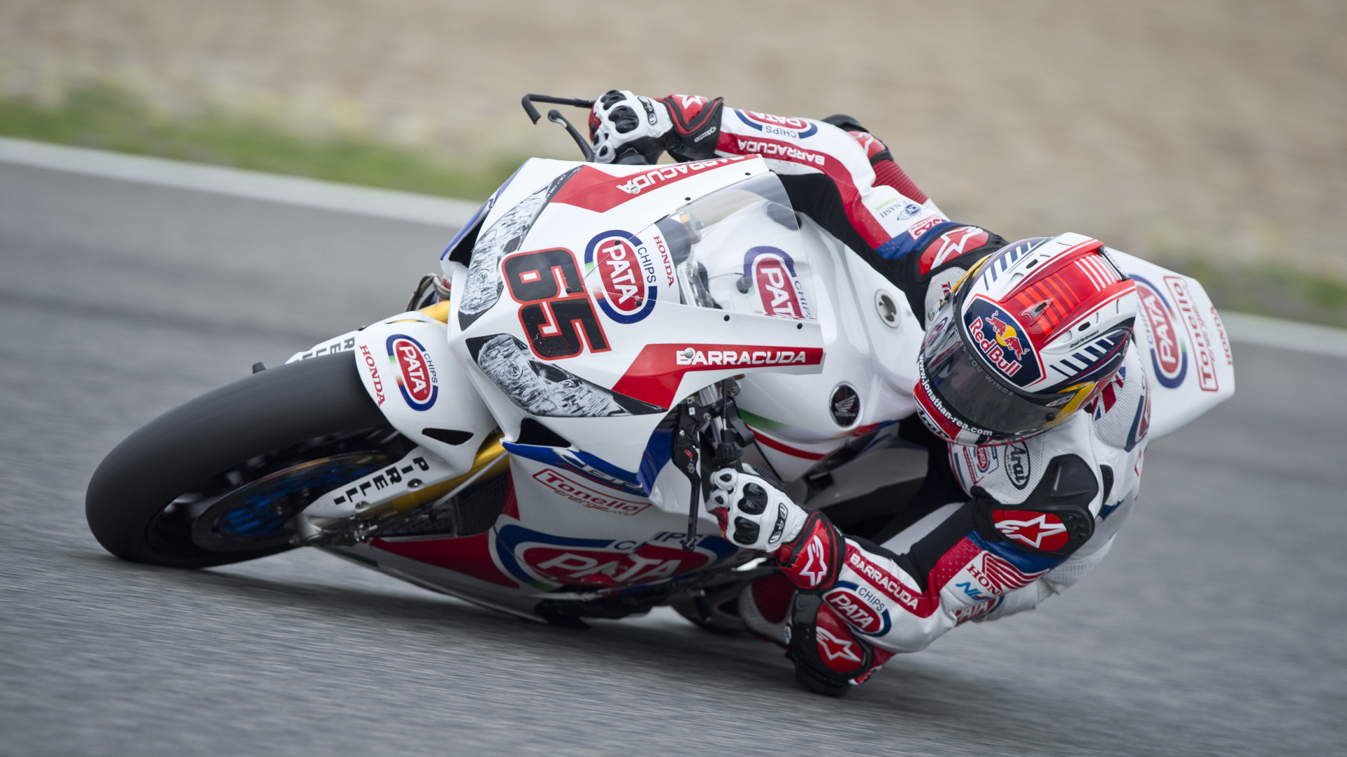 Man in Red and White Racing Suit Riding on Red and White Sports Bike. Wallpaper in 1920x1080 Resolution