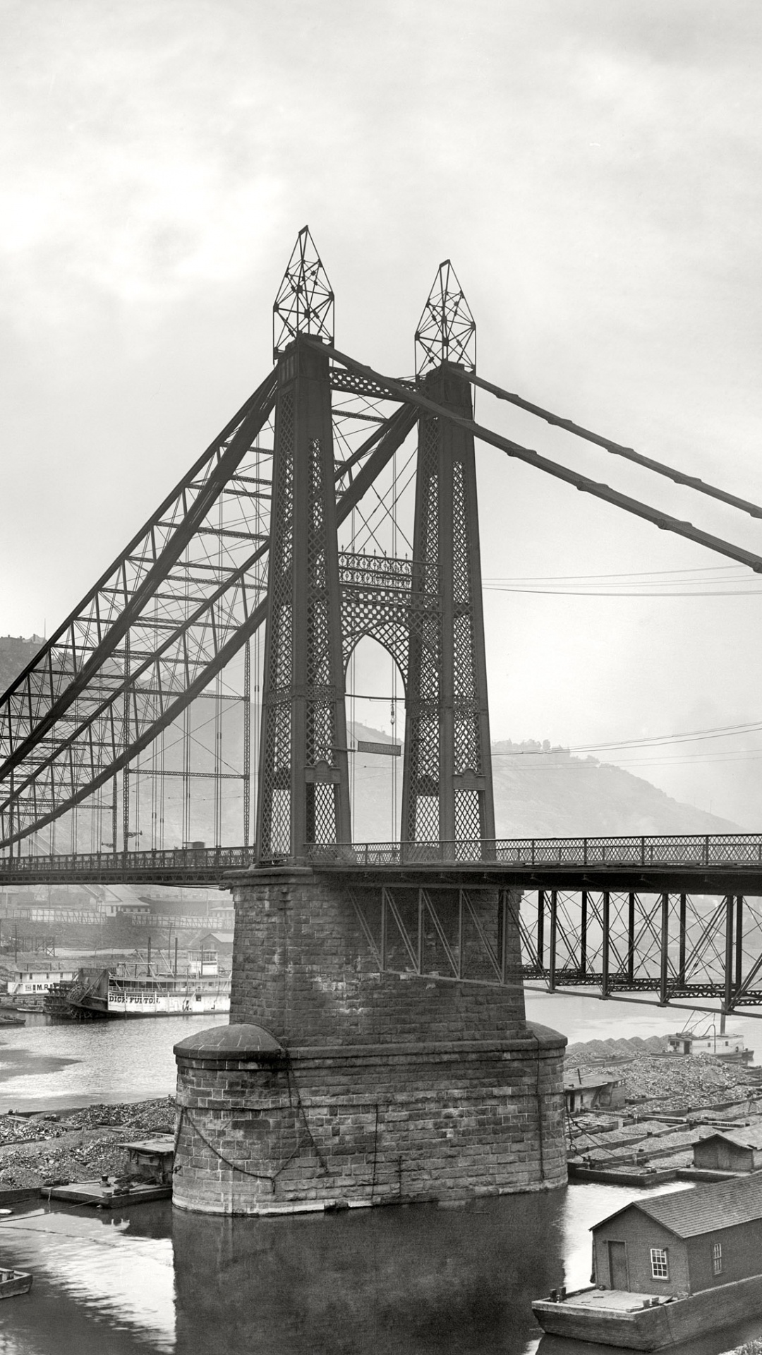 Grayscale Photo of Bridge Over River. Wallpaper in 1080x1920 Resolution