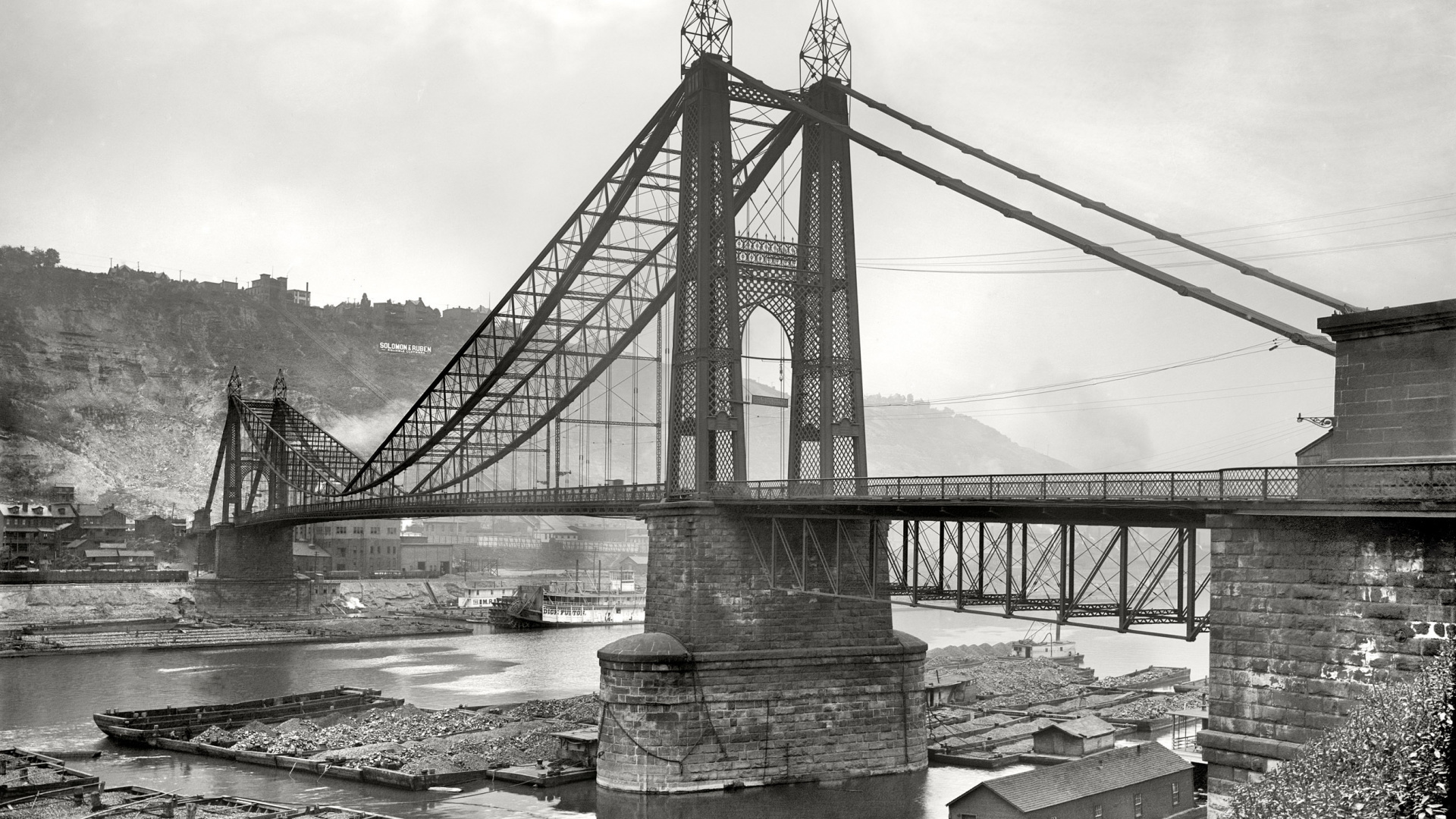Grayscale Photo of Bridge Over River. Wallpaper in 1920x1080 Resolution