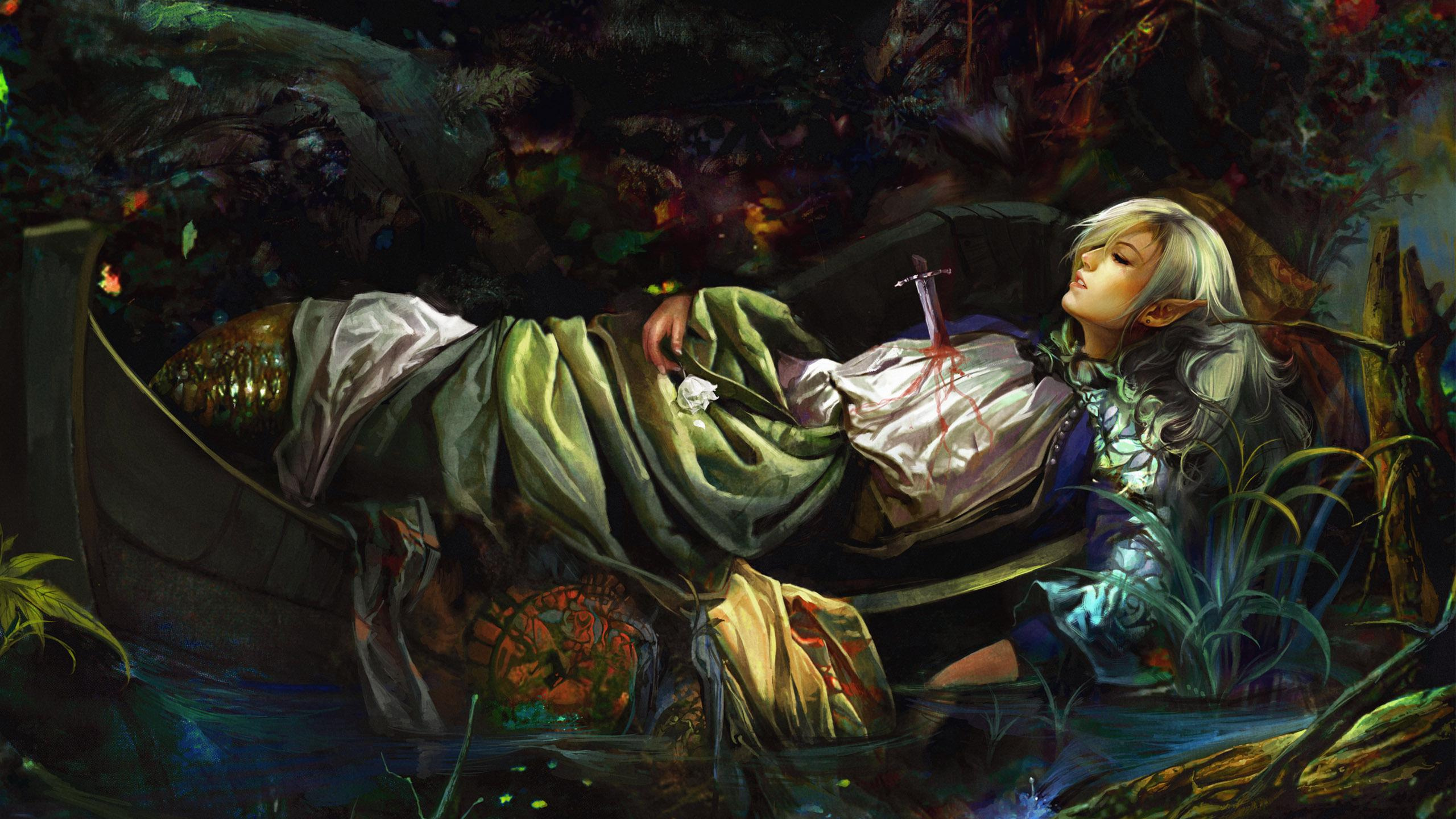 Frau in Grün-braunem Kleid Auf Blauem Textil Liegend. Wallpaper in 2560x1440 Resolution