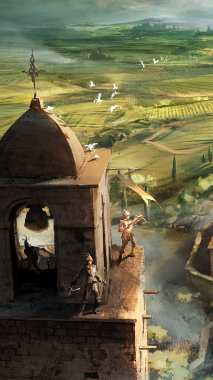 Brown Concrete Building Near Green Grass Field Painting. Wallpaper in 750x1334 Resolution