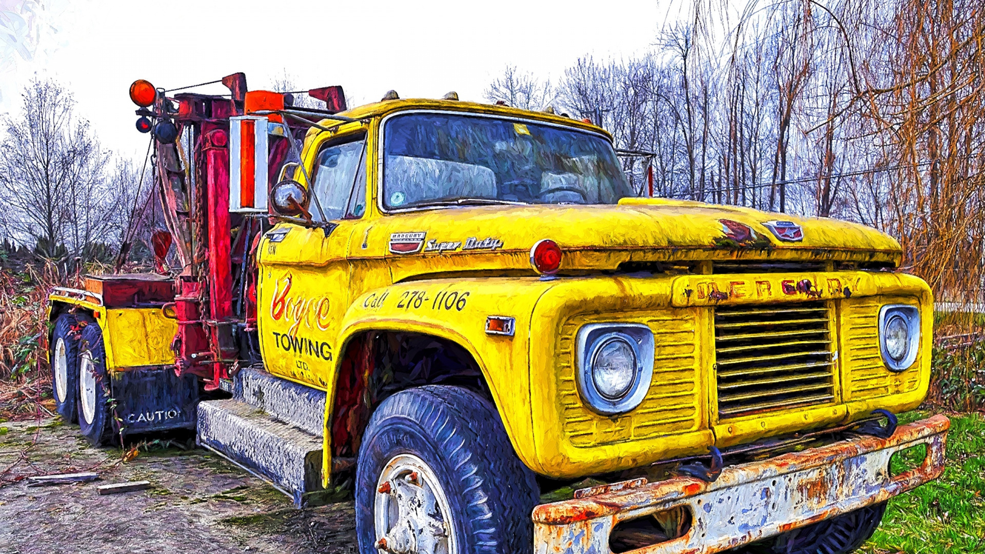 Yellow and Red Truck Near Bare Trees During Daytime. Wallpaper in 1920x1080 Resolution