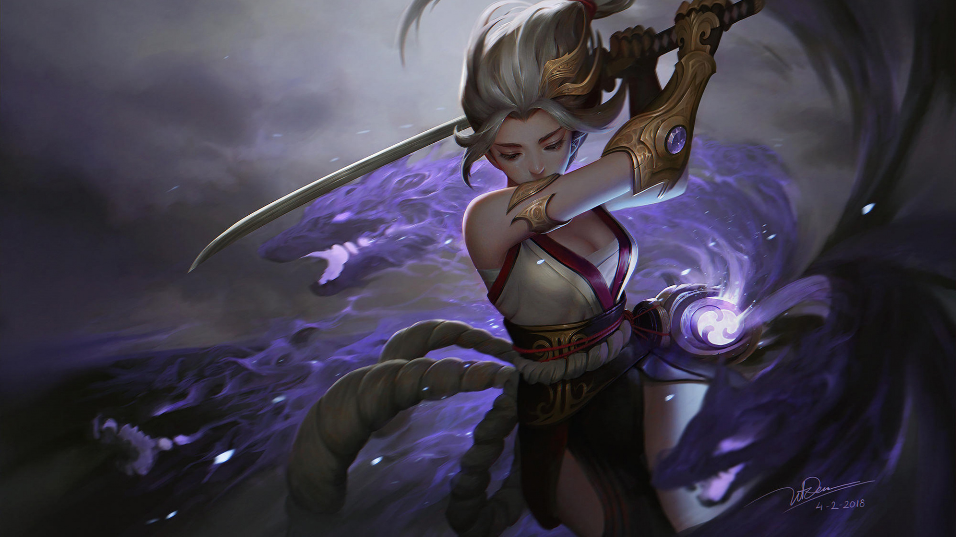 Woman in Black and Brown Dress Holding Sword Illustration. Wallpaper in 1920x1080 Resolution