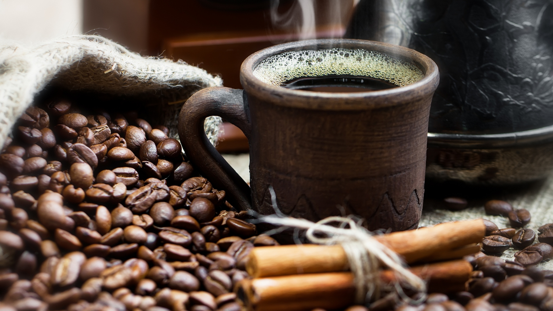 Brown Ceramic Mug With Coffee Beans. Wallpaper in 1920x1080 Resolution
