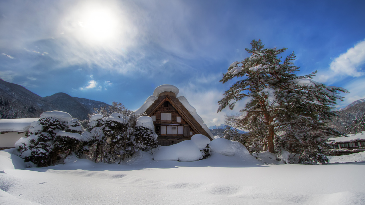 Maison en Bois Marron Sur un Sol Couvert de Neige Pendant la Journée. Wallpaper in 1280x720 Resolution