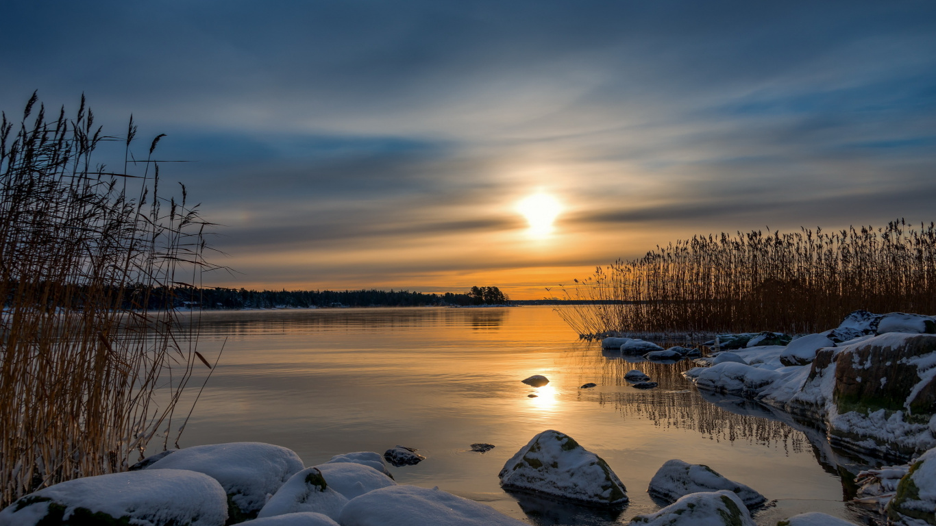 Cuerpo de Agua Cerca de Los Árboles Durante la Puesta de Sol. Wallpaper in 1366x768 Resolution