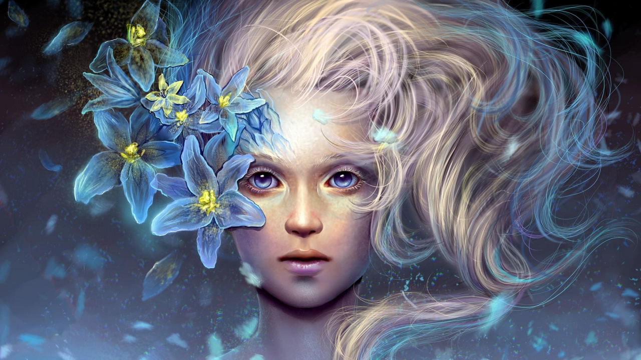 Fille Avec Une Fleur Bleue Sur Ses Cheveux. Wallpaper in 1280x720 Resolution