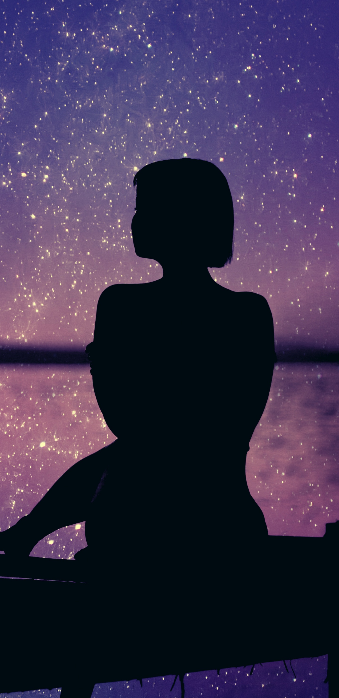 Silhouette, Purpur, Blau, Veilchen, Wasser. Wallpaper in 1440x2960 Resolution