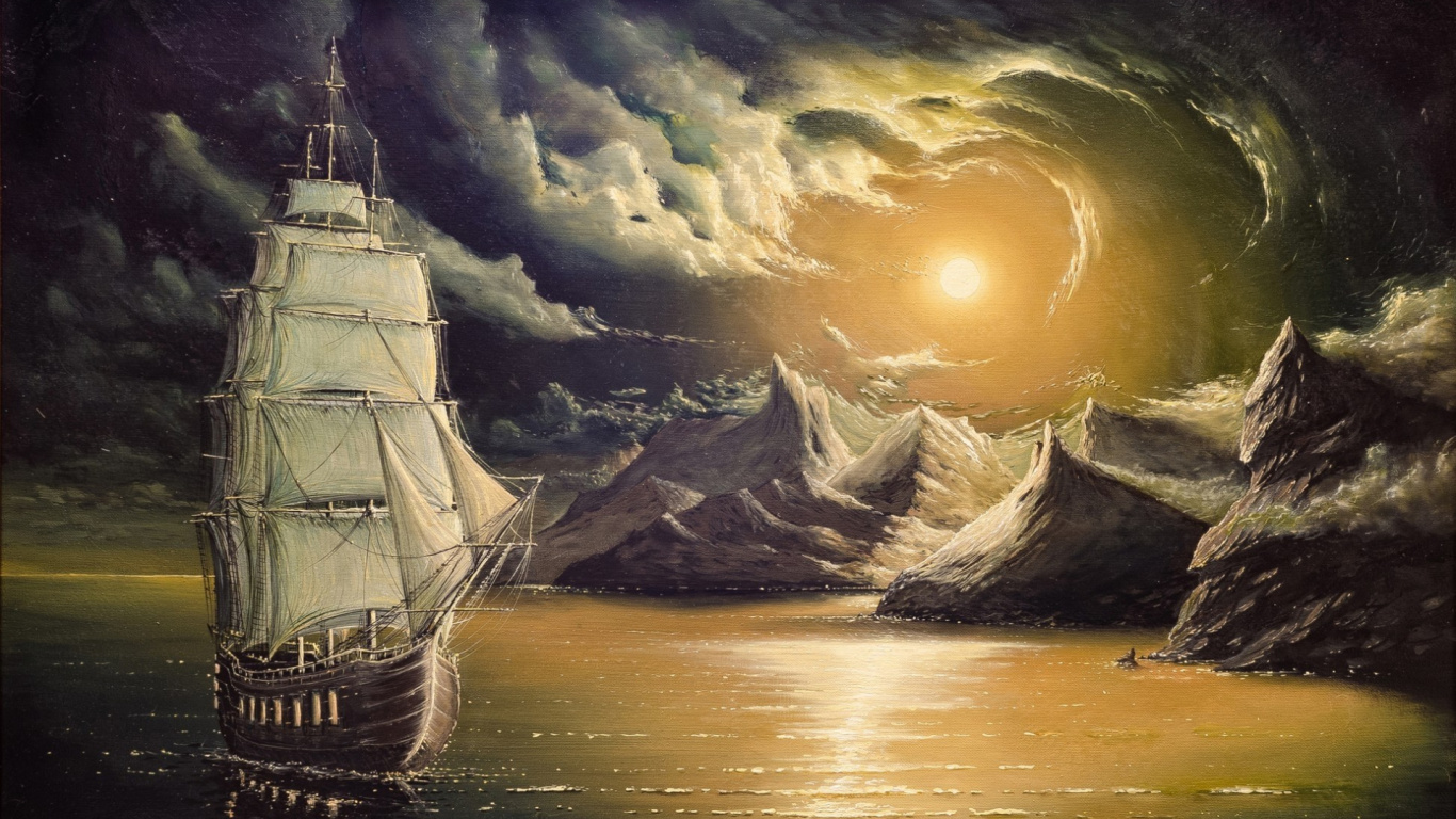 Weißes Und Schwarzes Schiff Auf Dem Meer in Der Nähe Von Schneebedeckten Bergen Während Des Sonnenuntergangs. Wallpaper in 1366x768 Resolution