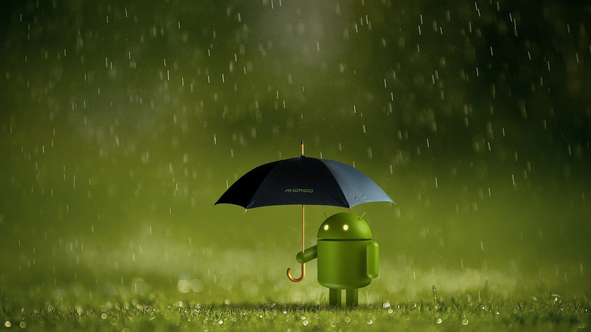 Android, Green, Parapluie, Pluie, Atmosphère. Wallpaper in 1920x1080 Resolution