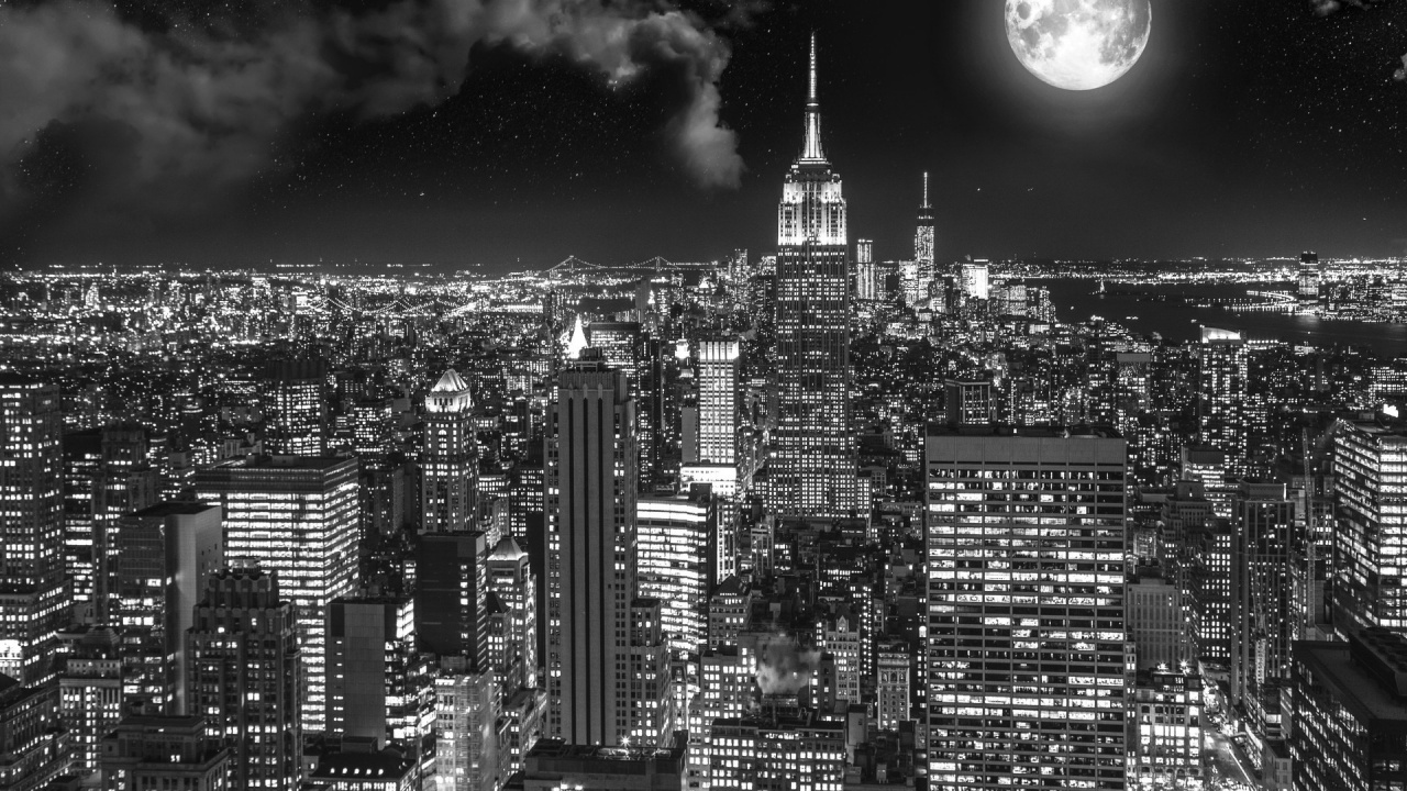 Foto en Escala de Grises de Los Edificios de la Ciudad Durante la Noche.. Wallpaper in 1280x720 Resolution