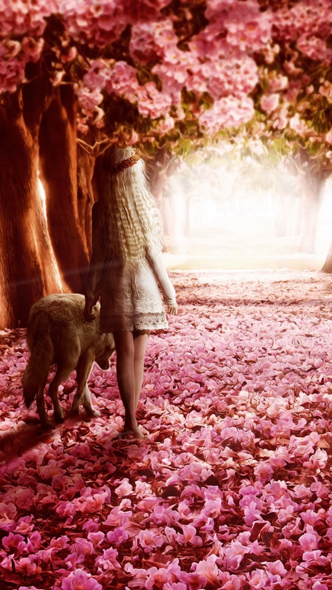 Woman in White Dress Walking on Red Leaves. Wallpaper in 1080x1920 Resolution