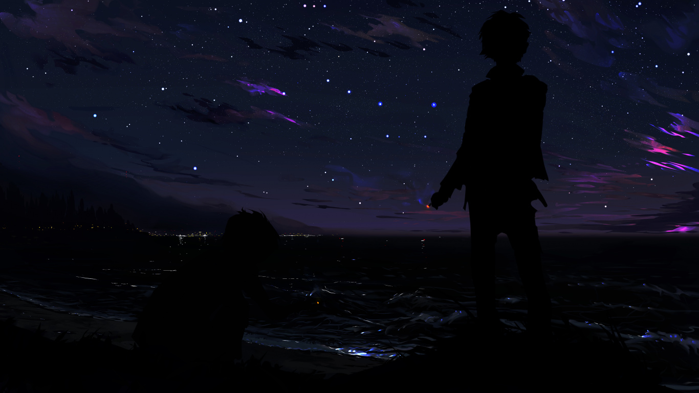 Anime, Anime-Kunst, Silhouette, Malerei, Atmosphäre. Wallpaper in 1366x768 Resolution