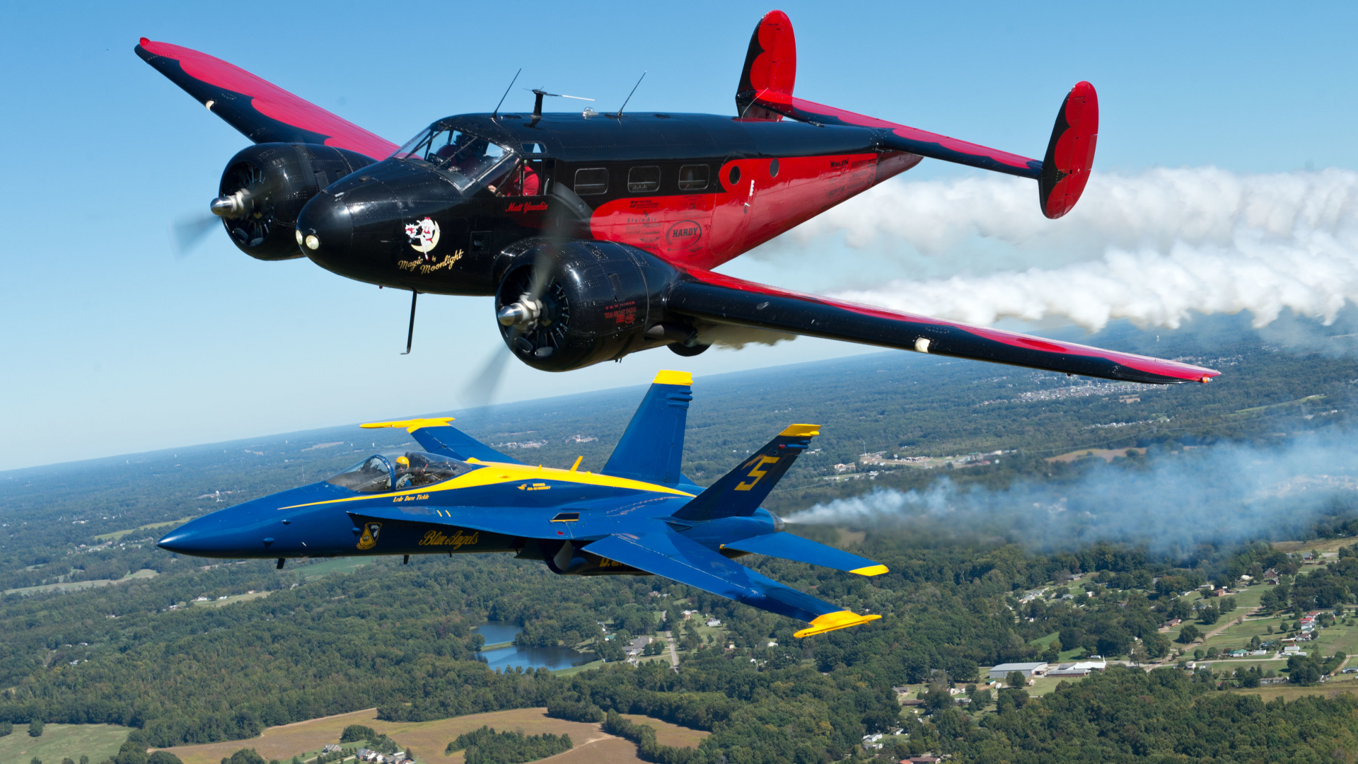 Blue and Red Jet Plane on Air During Daytime. Wallpaper in 1920x1080 Resolution