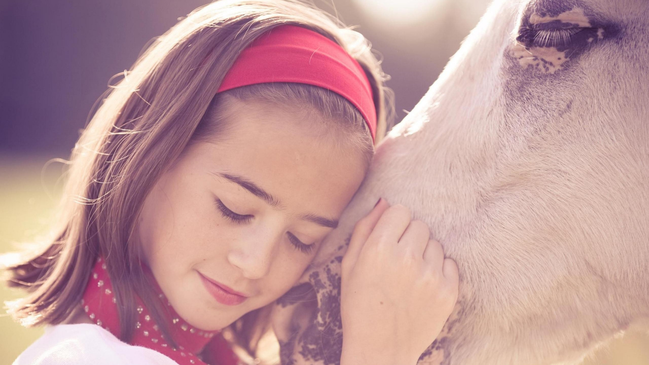 Woman in Red and White Knit Cap Kissing White Short Coated Dog. Wallpaper in 1280x720 Resolution