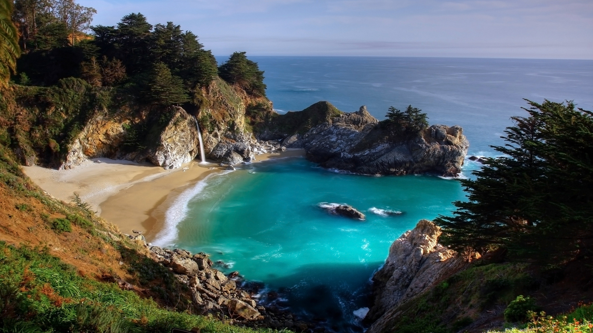 Green Trees on Brown Sand Beach During Daytime. Wallpaper in 1920x1080 Resolution