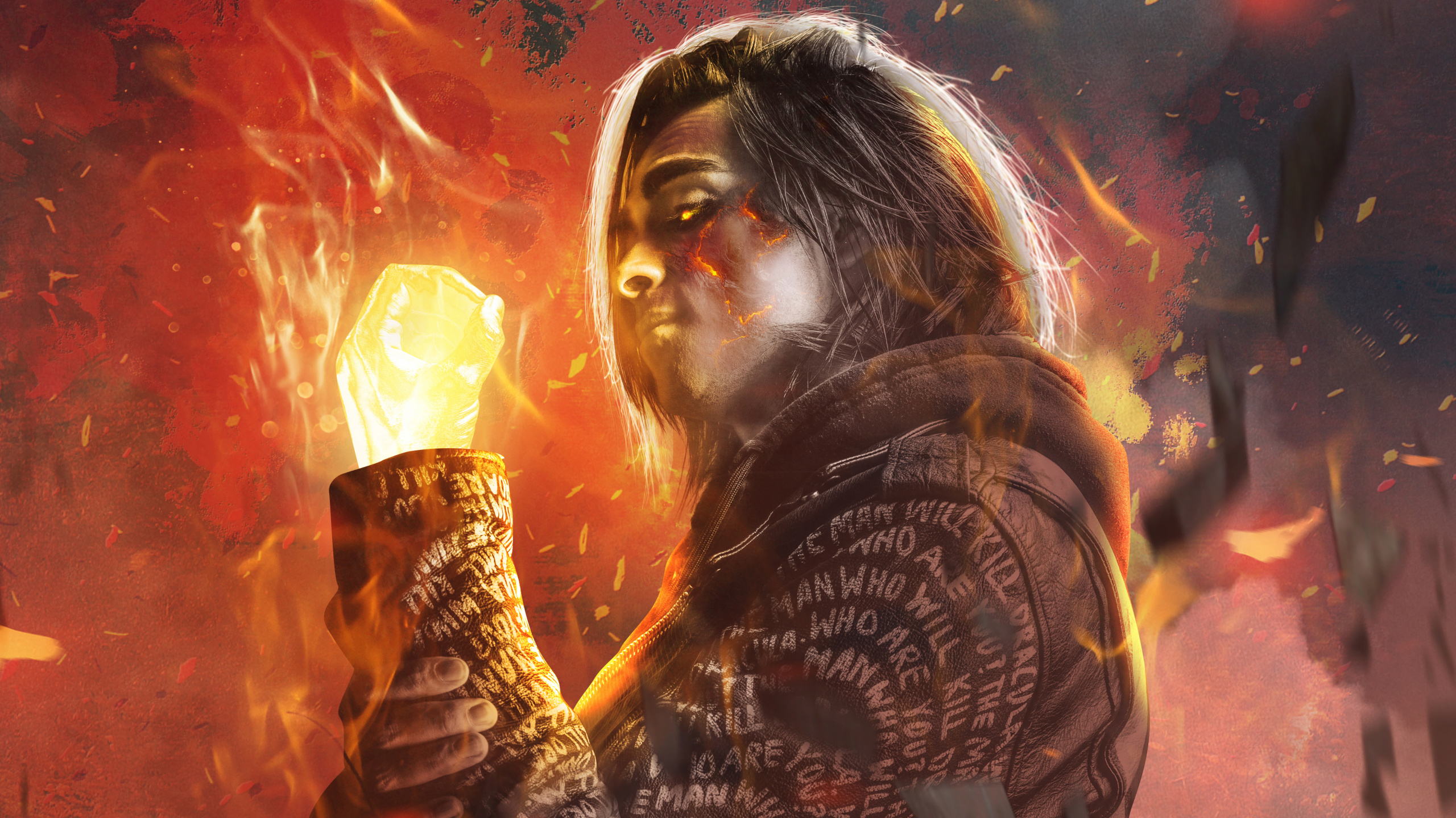 Woman in Black and White Shirt Holding Fire. Wallpaper in 2560x1440 Resolution