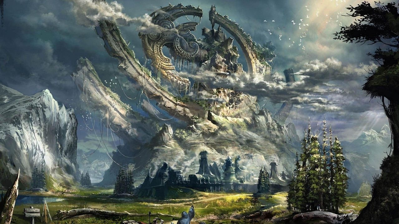 People Riding Horses on Green Grass Field Near Green Trees and Mountain Painting. Wallpaper in 1280x720 Resolution