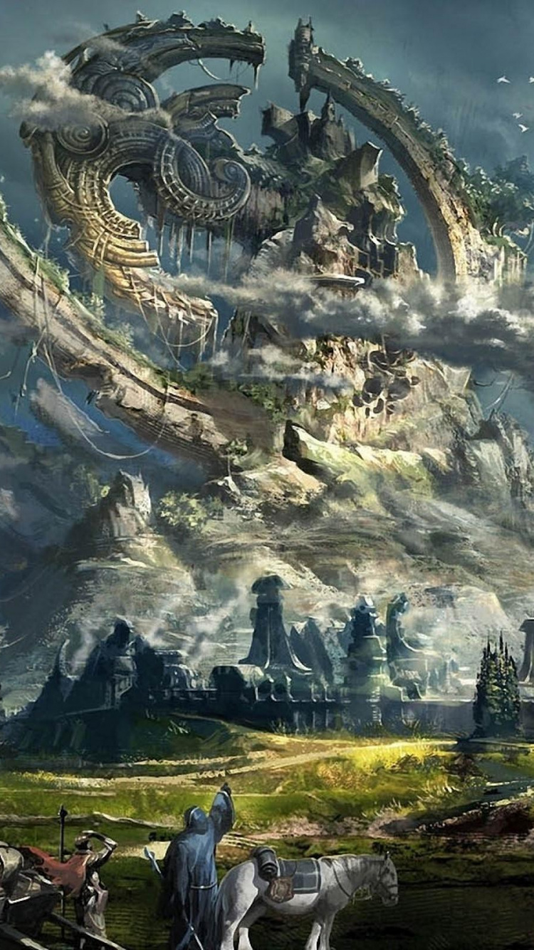 People Riding Horses on Green Grass Field Near Green Trees and Mountain Painting. Wallpaper in 750x1334 Resolution