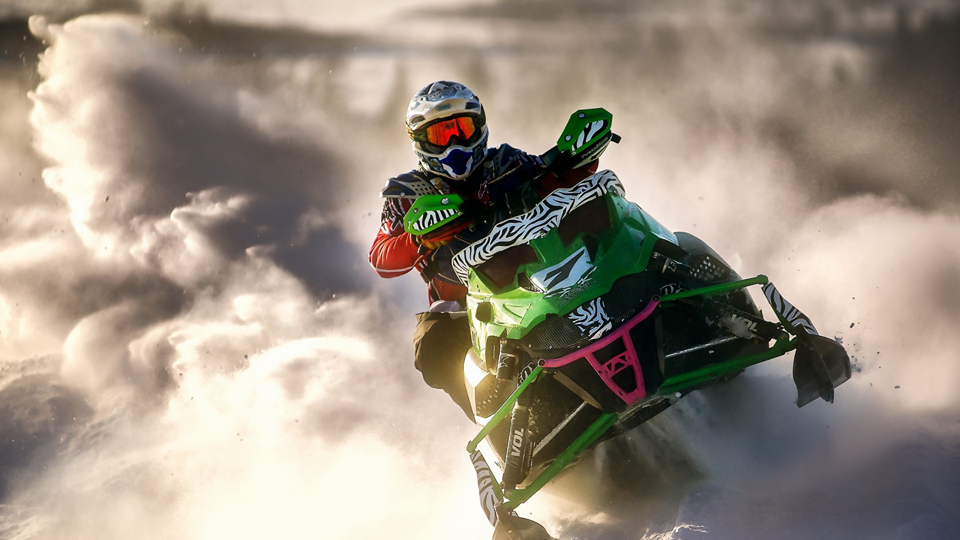 Man in Green and Black Suit Riding Green and Black Snow Mobile. Wallpaper in 1920x1080 Resolution