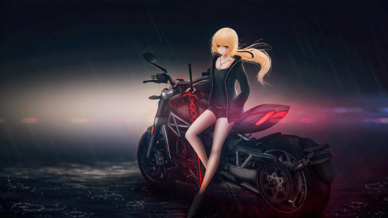 Woman in Black and Red Sports Bike Anime Character. Wallpaper in 1280x720 Resolution
