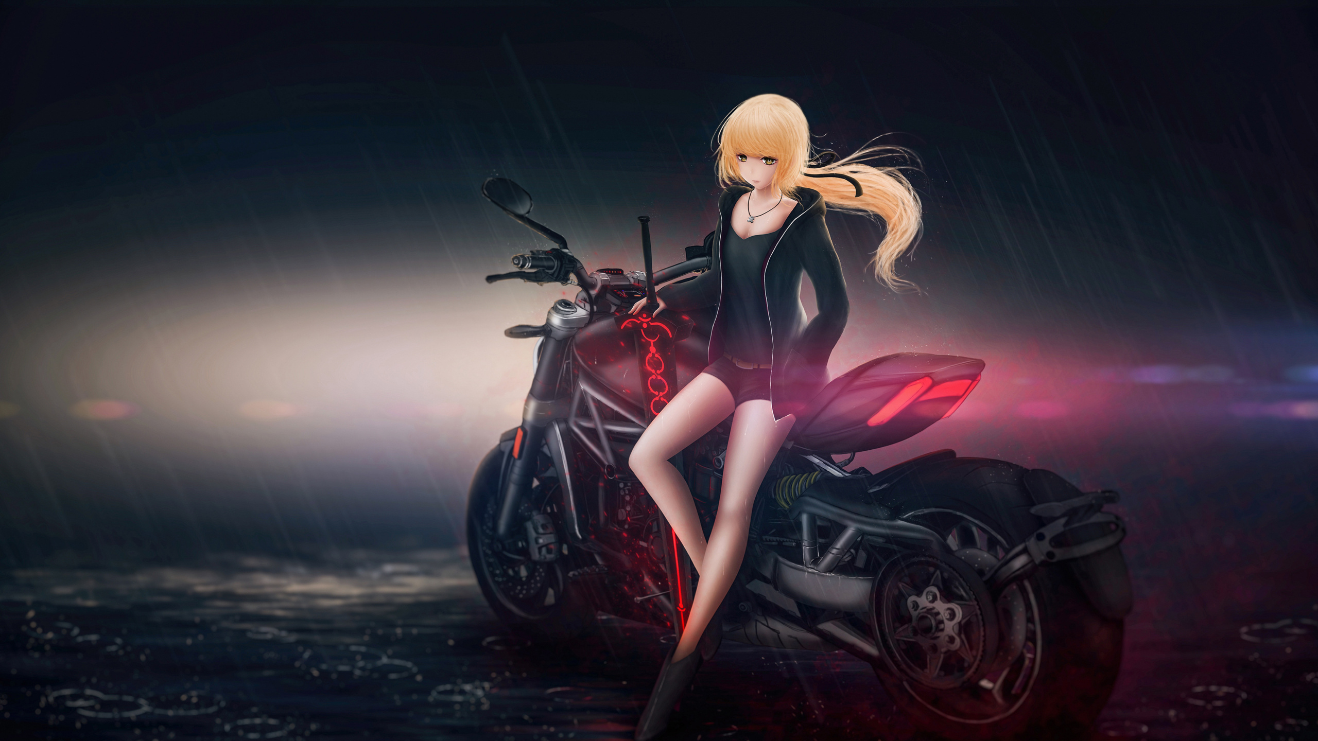 Woman in Black and Red Sports Bike Anime Character. Wallpaper in 2560x1440 Resolution