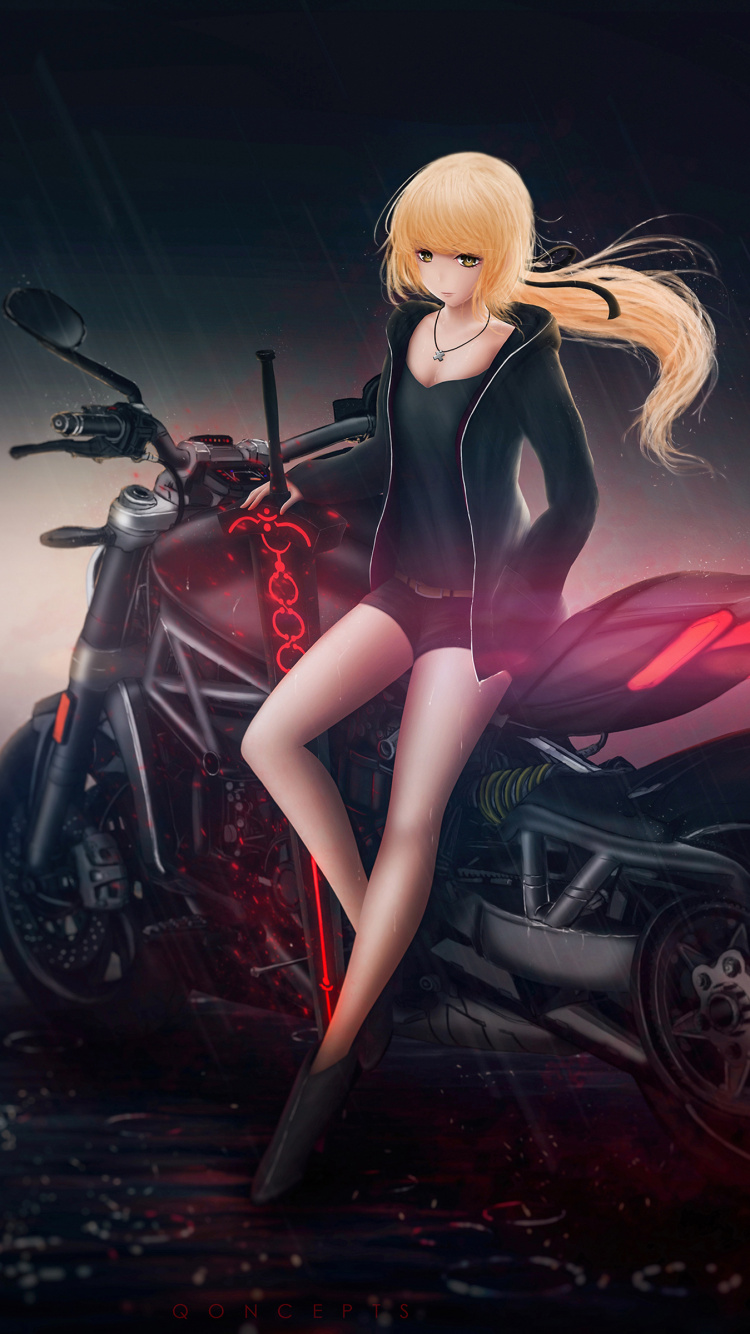 Mujer en Negro y Rojo Moto Deportiva Personaje de Anime. Wallpaper in 750x1334 Resolution