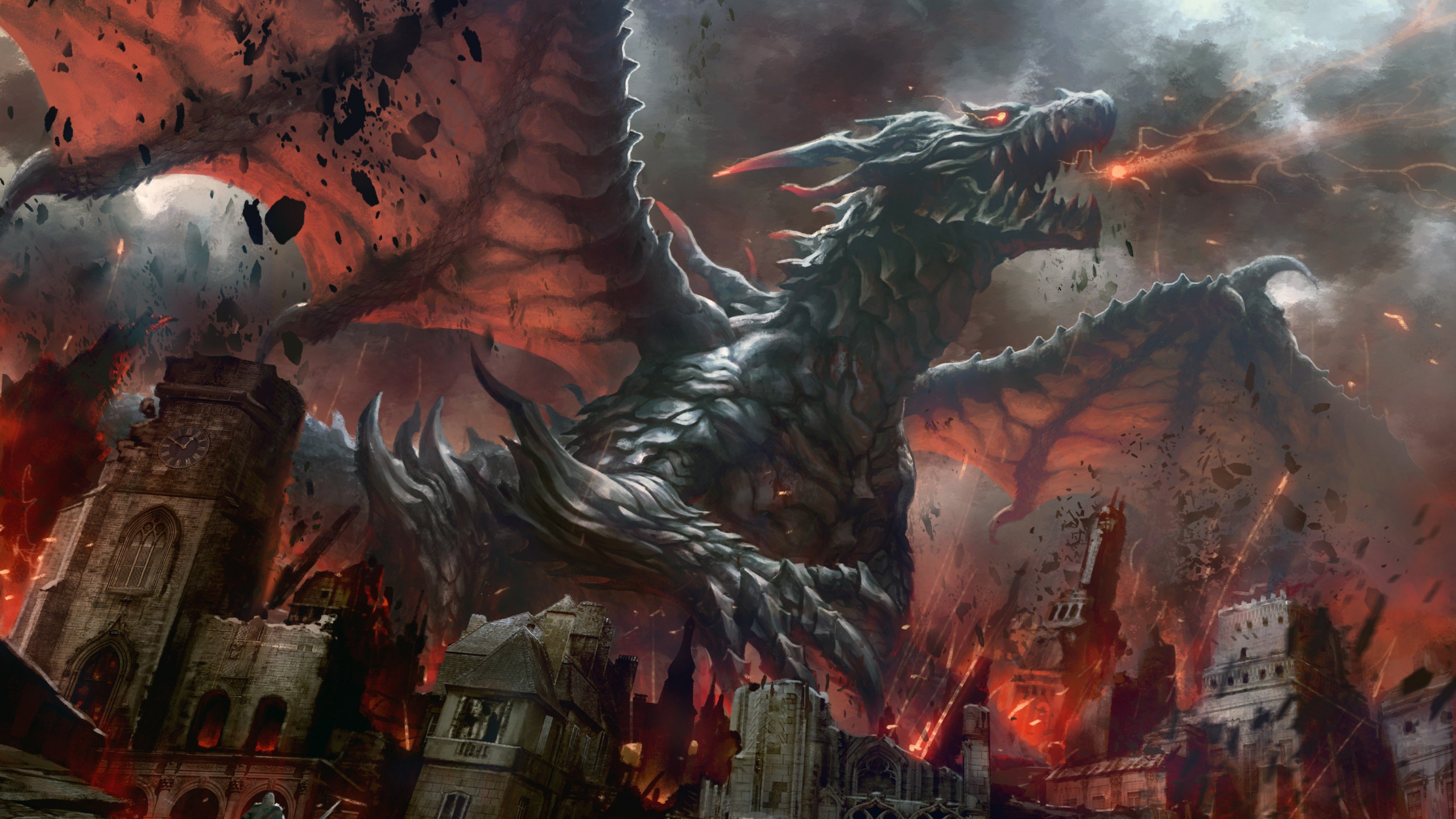 Peinture de Dragon Noir et Marron. Wallpaper in 2560x1440 Resolution