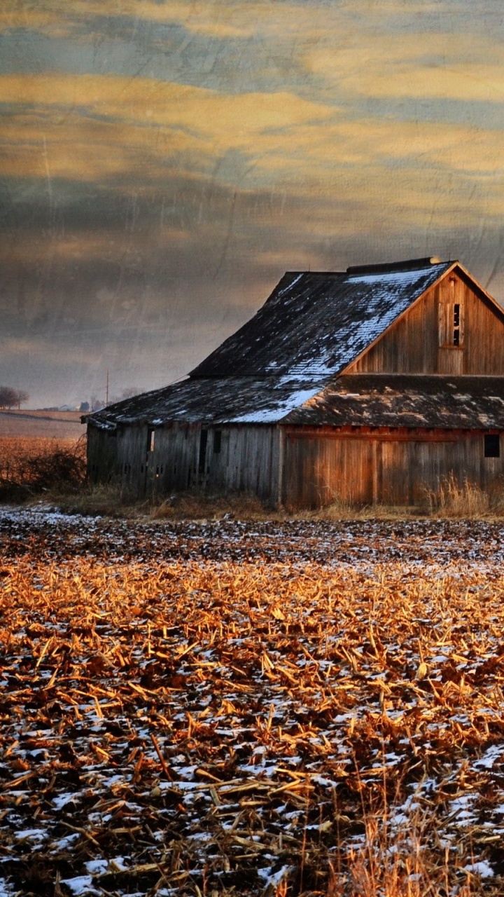 Grange en Bois Marron Sur Champ Marron Sous Ciel Gris. Wallpaper in 720x1280 Resolution