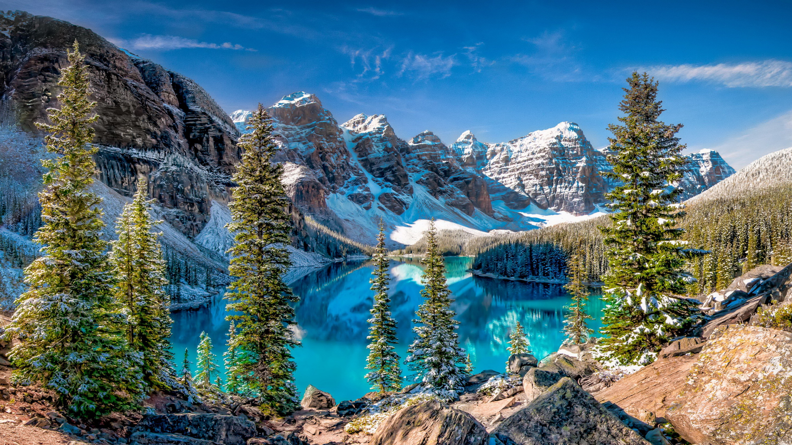 Green Pine Trees Near Lake and Snow Covered Mountains During Daytime. Wallpaper in 2560x1440 Resolution