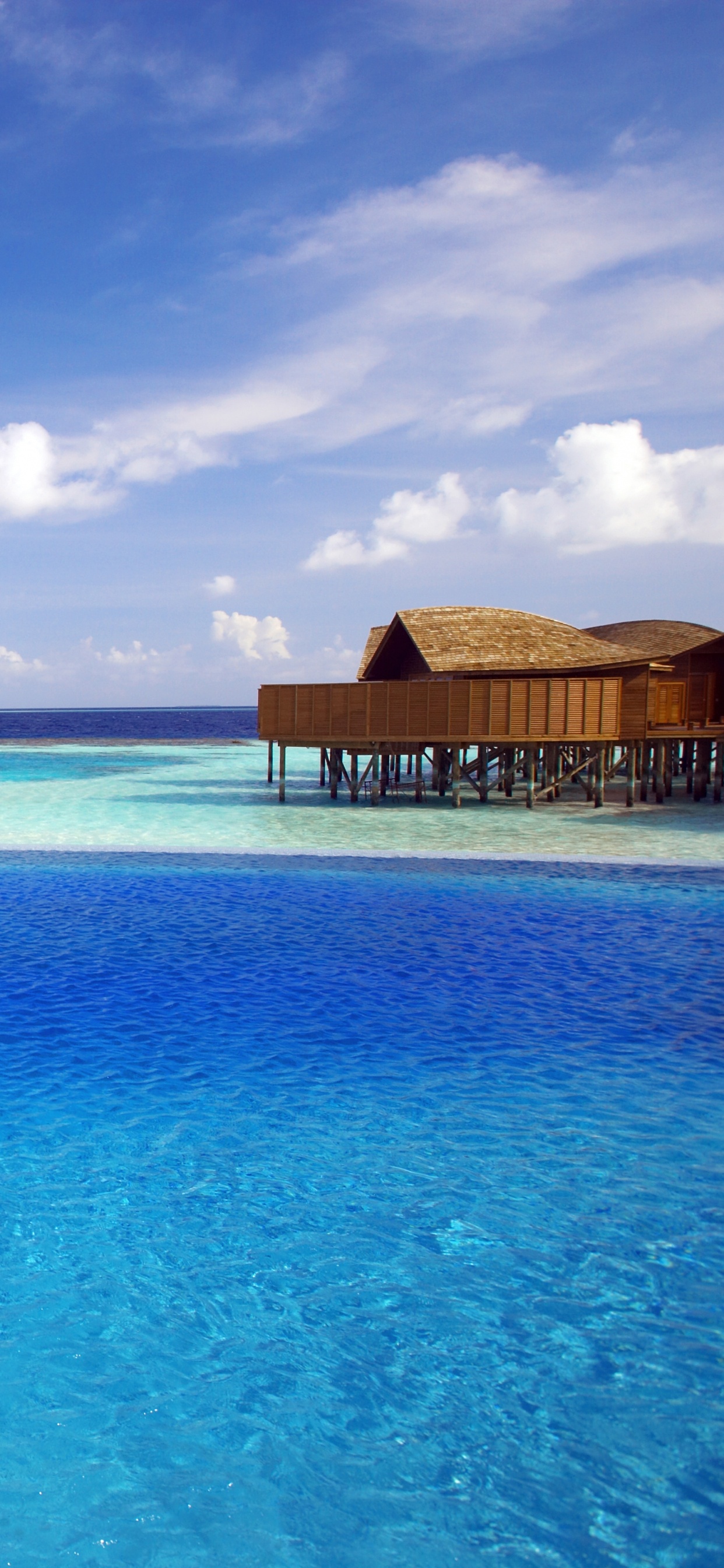 Casa de Madera Marrón en el Mar Azul Bajo un Cielo Azul y Nubes Blancas Durante el Día. Wallpaper in 1242x2688 Resolution