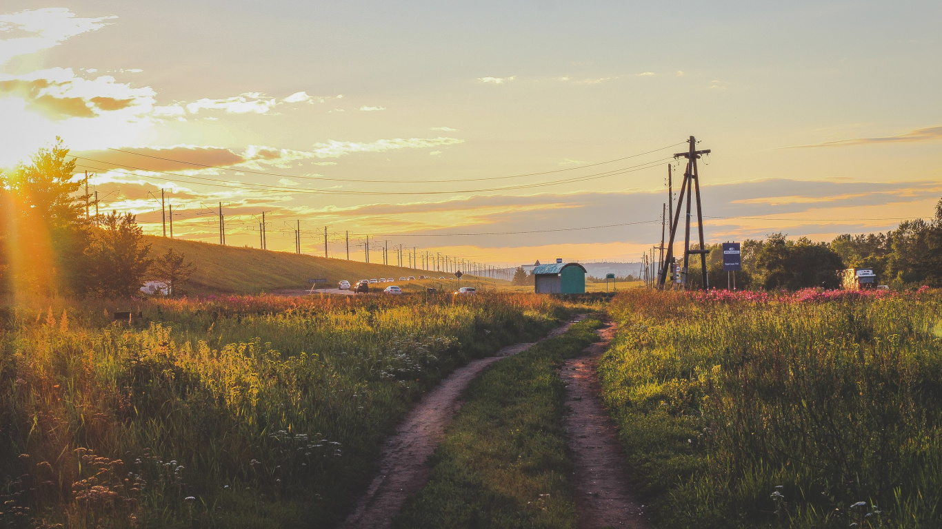Green Grass Field Near Body of Water During Sunset. Wallpaper in 1366x768 Resolution